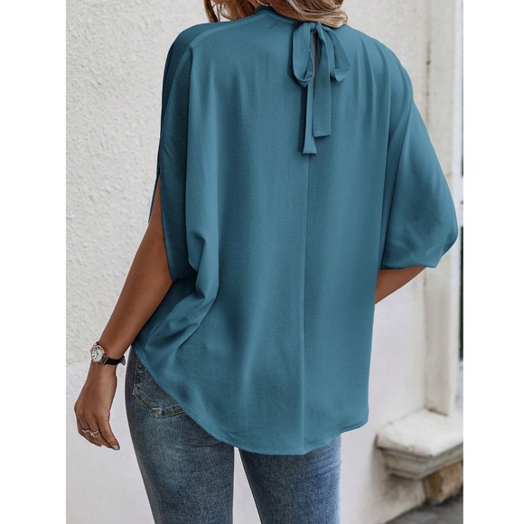 Teall Blue Blouse Top Flowy, High Neck - Picture 4 of 13